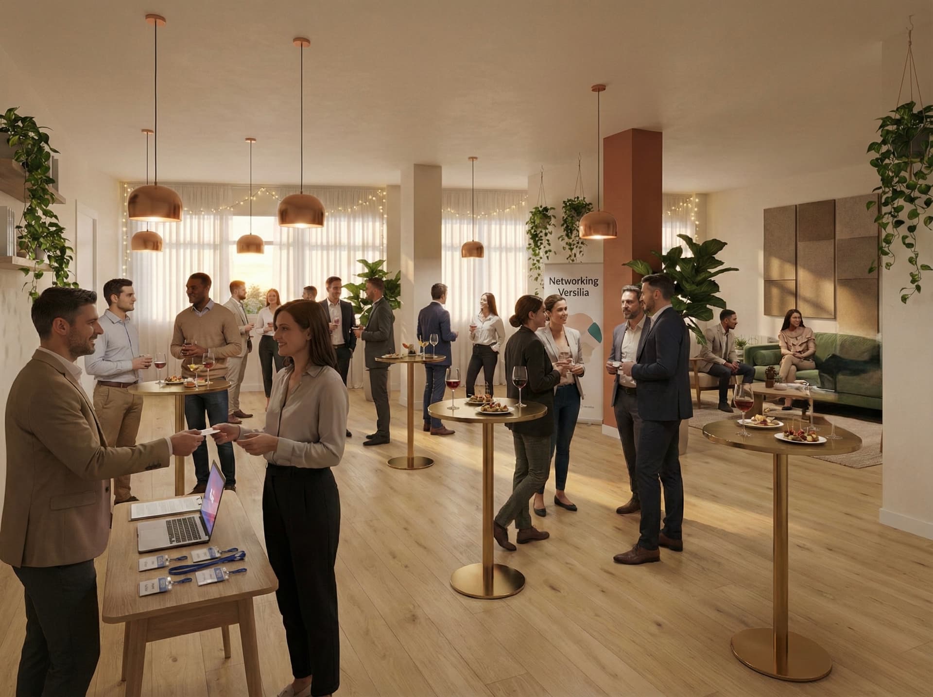 Evento di networking serale al Co-Working Viareggio - professionisti della Versilia durante aperitivo networking