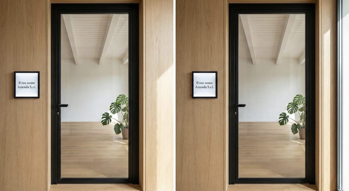 Ingresso professionale di un ufficio con targa aziendale a Viareggio