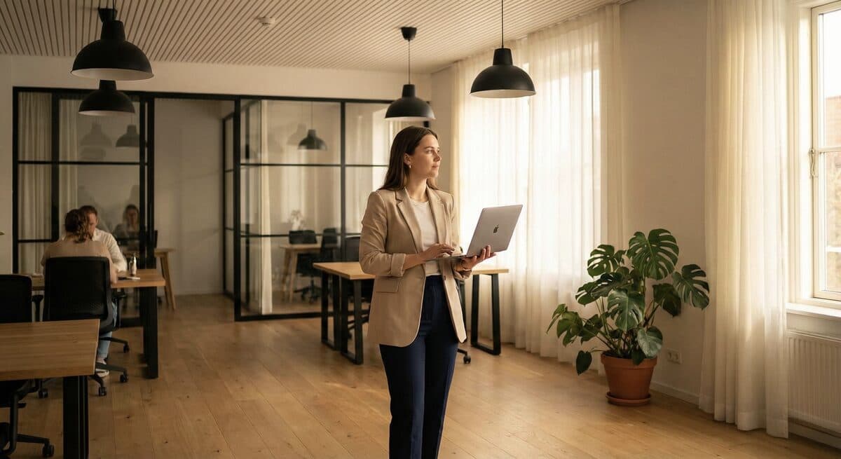 Professionista che valuta uno spazio co-working moderno