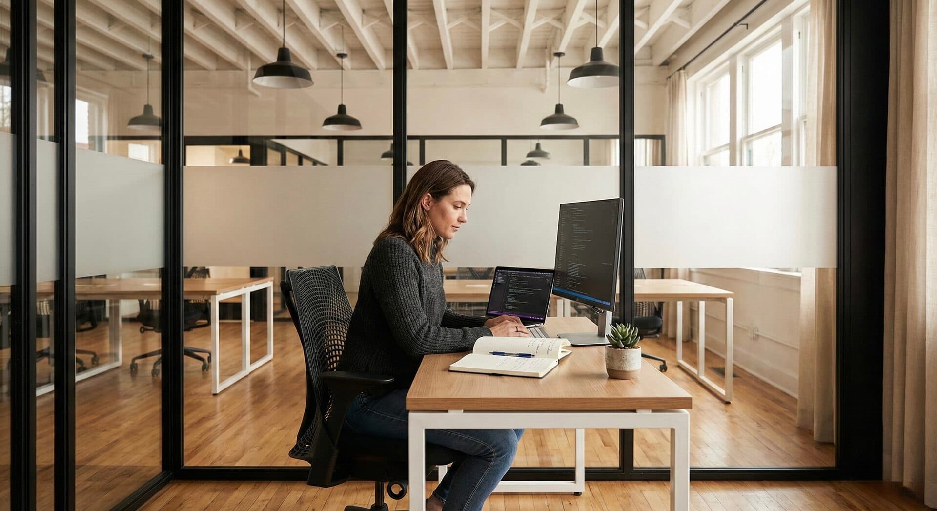Professionista al lavoro in una postazione dedicata in un co-working moderno