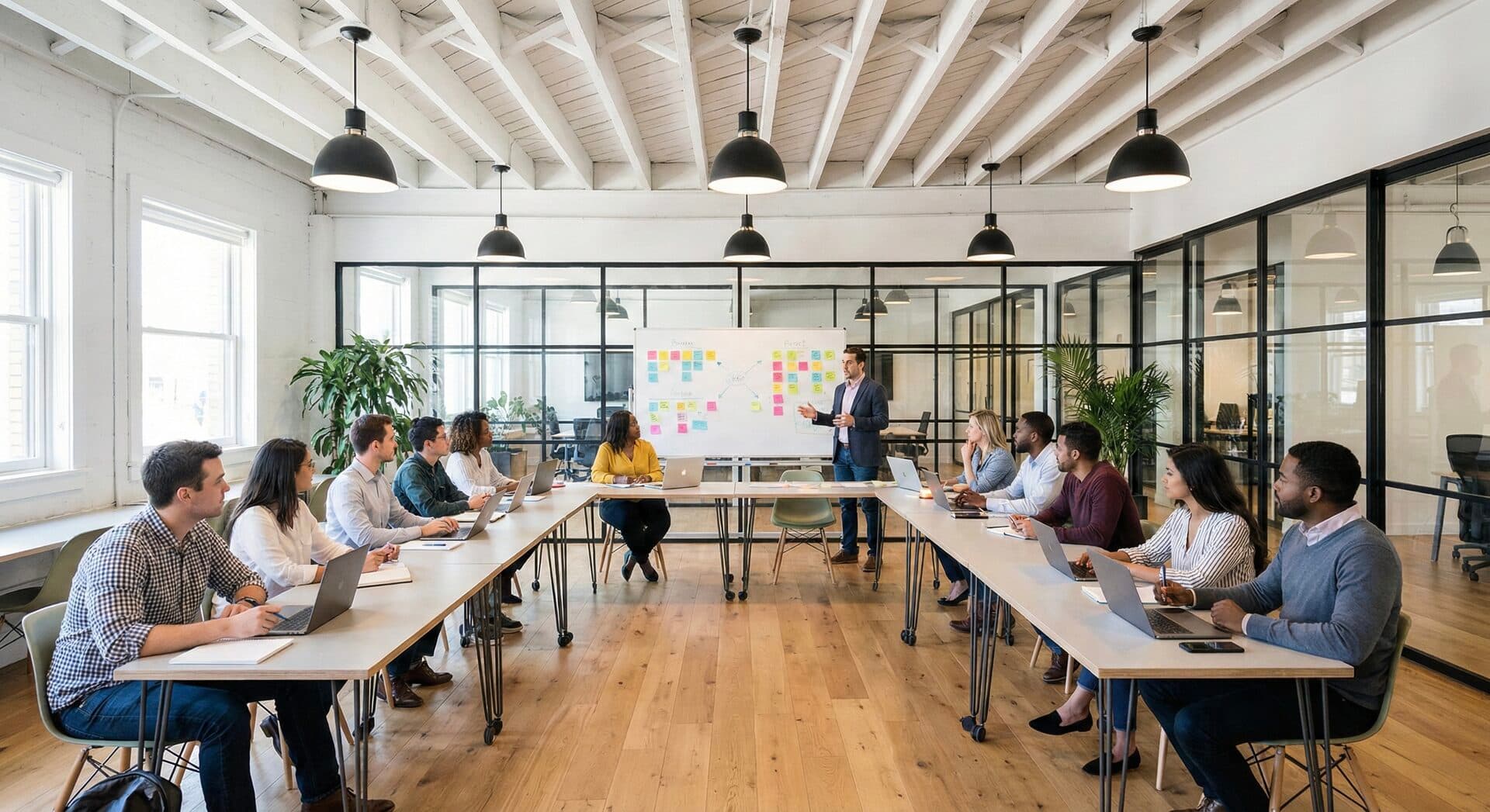 Gruppo di professionisti durante un workshop interattivo in uno spazio moderno